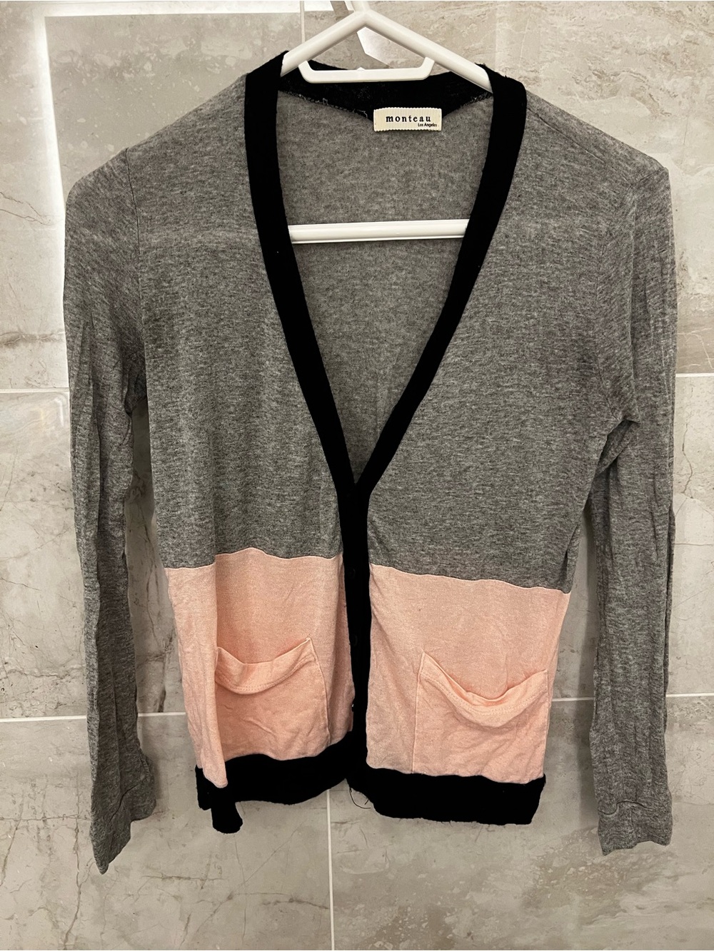 Monteau Gray Pink Color Block V-Neck Cardigan with Black Trim